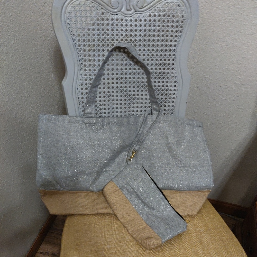 Nwts  Chico's silver metallic and burlap bag